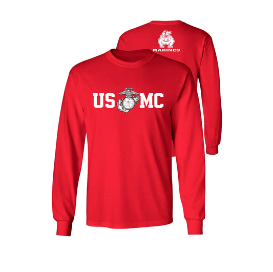 Marine Corps Bull Dog Front and Back USMC Mens T-Shirt Longsleeve Red